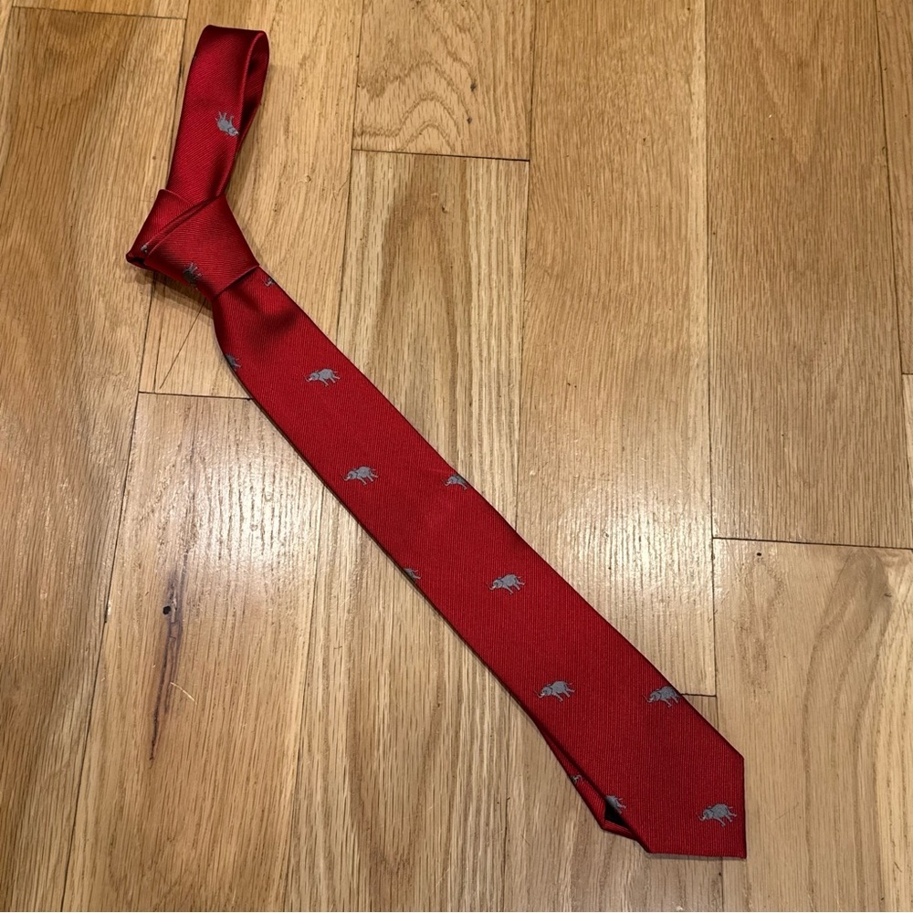 J. Crew Elephant Print Red and Gray 100% Silk Tie